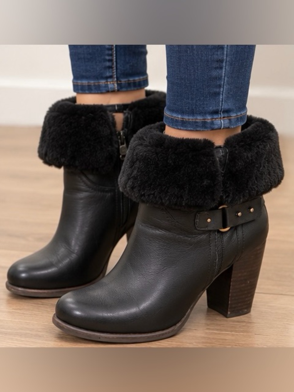UGG Black Leather Ankle Boots with Faux Fur Cuff